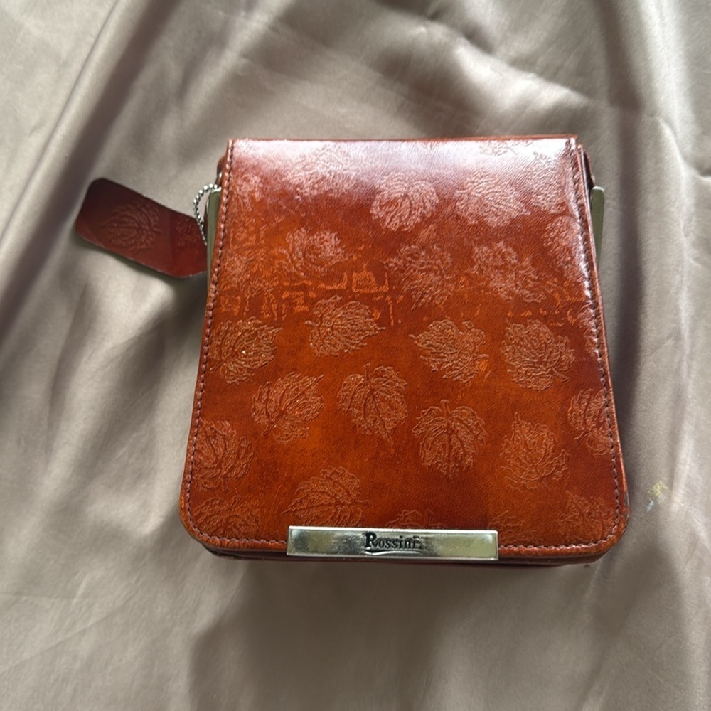 Rossini Rust Brown Embossed Leather Crossbody Bag Adjustable Strap Structured